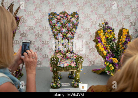 Ein Besucher der RHS Chelsea Flower Show findet ein Foto von floralen Throne, die in die Floristen des Jahres Kategorie der sho eingegeben worden sein. Stockfoto