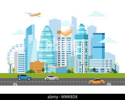 Städtische Landschaft mit Gebäuden und Wolkenkratzern Stock Vektor