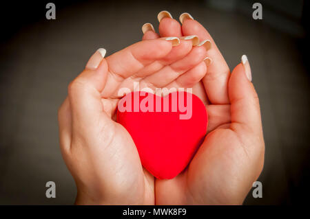 Mutter liebe Konzept Lager Bild. Woman's Hände halten ein kleines Herz abstraktes Bild. Nächstenliebe, Wohltätigkeit, philanthropische Konzept Stockfoto