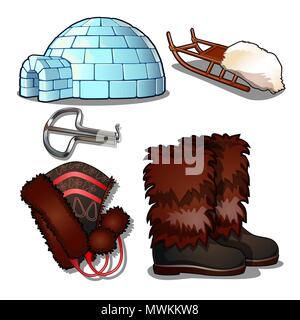 Der Satz der Elemente der Kultur und das Leben der Menschen im Norden und der Inuit, auf weißem Hintergrund. Maultrommel, Iglu, Schlitten, Schuhe, Mütze. Vector Illustration. Stock Vektor