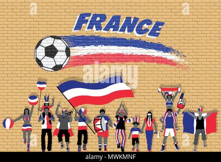 Französische Fußball-Fans mit Flagge Frankreich Farben vor Fußball Graffiti. Alle Objekte sind in verschiedenen Schichten und der Text -Typen tun Stock Vektor