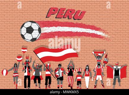 Peruanische Fußball-Fans mit Peru Flagge Farben vor Fußball Graffiti. Alle Objekte sind in verschiedenen Schichten und der Text -Typen tun Stock Vektor