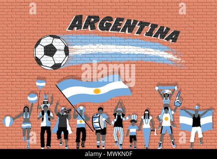 Argentinische Fußball-Fans mit Argentinien Flagge Farben vor Fußball Graffiti. Alle Objekte werden in verschiedenen Schichten und der Text t Stock Vektor
