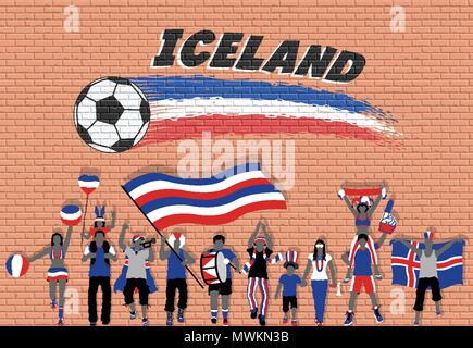 Isländer Fußball-Fans mit Island Flagge Farben vor Fußball Graffiti. Alle Objekte sind in verschiedenen Schichten und der Text -Typen Stock Vektor