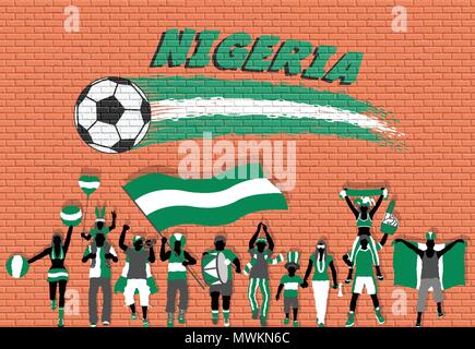 Nigerianische Fußball-Fans mit Nigeria Flagge Farben vor Fußball Graffiti. Alle Objekte sind in verschiedenen Schichten und der Text -Typen Stock Vektor
