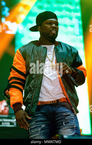 50 Cent, realen Namen Curtis Jackson, live auf der Bühne im Vereinigten Königreich im Jahr 2015. 50 Cent, 50 Cent Rapper. Stockfoto