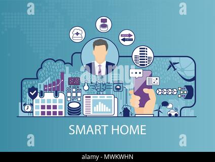Smart Home Automation Vector Illustration mit Geschäftsmann und Symbole. Stock Vektor