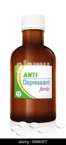 Pillen mit dem Namen Anti Depressant Forte mit einem lächelnden Pille als Logo auf der Flasche. Es ist ein medizinisches Produkt, Stockfoto