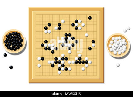 Gobang oder Spielbrett mit einer typischen Verlauf des Spiel gehen, und zwei hölzerne Schüsseln mit schwarzen und weißen Steinen - einem traditionellen chinesischen Strategie Spiel gefüllt. Stockfoto
