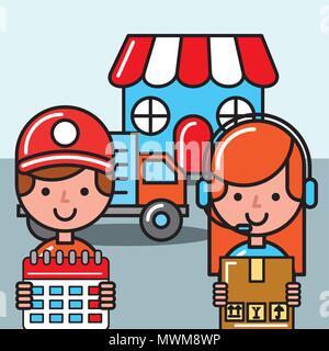 Arbeitnehmer Markt lkw-Posteingang und Kalender Logistik und Lieferung Vector Illustration Stock Vektor