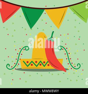 Viva Mexico Feier bunte Luftballons gelb Hut mit Chili serpentine Vector Illustration Stock Vektor