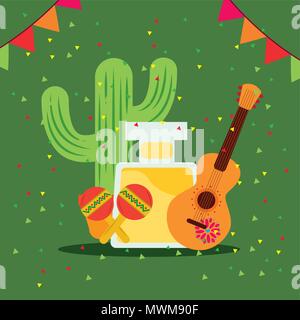 Viva Mexico Feier cactus Flasche Zitrone Gitarre und Rasseln ballons Vector Illustration Stock Vektor