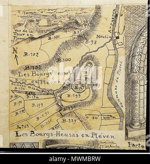 . Français: Plan de la Motte castrale des Bourgs Heussais en Pléven qui représente l'une des Grandes mottes féodales (Kl. M. H., 1961). Autour de la Partie Centrale, entourée Encore d'une Douve à l'est et à l'Ouest, se situent Deux plateaux Schützlinge aux Winkeln par des Restes de Festung. Auf peut supposer que cette forteresse qui défendait Le Passage de l'Arguenon fut une Struktur abandonnée défensive plus moderne Gießen, Le Château de La Hunaudaye. 8. Juni 2011. Archives Départementales de Saint-Brieuc, Pléven, Frankreich 488 Plan-de-motte-Castrale - Pleven Stockfoto