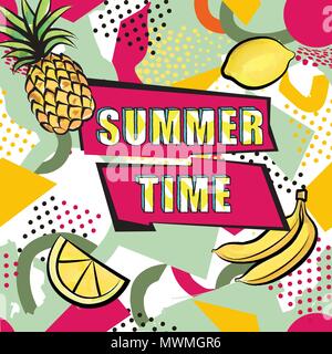 Sommer Karte. Abstrakte Geometrische gepunkteten Muster mit Früchten im 80er Jahre Stil. Stock Vektor