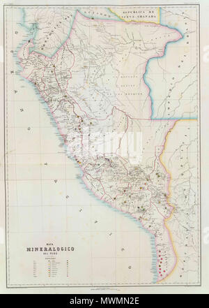 . Mapa mineralógico del Perú, hacia 1865. Paz Soldan. Geografia del Peru. Grabado por Delamare, Calle St. Andre des Arts, 45, Paris. Paris, Imp. Janson, Calle Antne. Dubois, 6. (Paris, Libreria de Augusto Durand, 1865). 1865. Paz Soldan, Mariano Felipe (1821-1886) 477 PERU MAPA 1865 Stockfoto