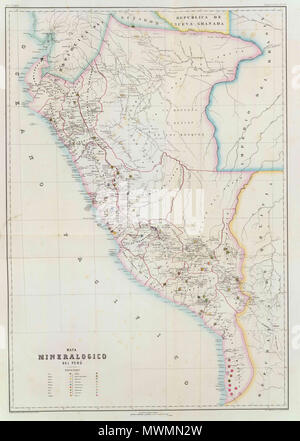 . Englisch: geringere Auflösung (2800px) als das Original commons Bild: PERU MAPA 1865.JPG (6,556 × 9,208 Pixels, File Size: 3.31 MB). 1865. Mariano Paz Roldan 477 PERU MAPA 2800 px 1865 Stockfoto