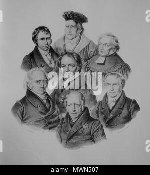 . Deutsch: Das gelehrte Berlin; Lithographie nach einer Zeichnung von Julius Schoppe. Das Tableau zeigt von oben nach unten und von links nach rechts: Georg Wilhelm Friedrich Hegel (Mitte), Johann August Wilhelm Neander, Friedrich Ernst Daniel Schleiermacher, Karl Ritter (Mitte), Christoph Wilhelm Hufeland, Alexander von Humboldt, Wilhelm von Humboldt (Mitte). . Julius Schoppe (1795-1868) Alternative Namen Julius, ich Schoppe; Julius Schoppe I; Julius ich Schoppe Beschreibung Deutsch Portrait Maler Geburtsdatum / Tod 27. Januar 1795 vom 30. März 1868 Lage der Geburt / Tod Berlin Berlin ein Stockfoto