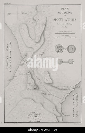 . Englisch: Marie-Gabriel - Florent-Auguste Comte de Choiseul-Gouffier. Voyage pittoresque de la Griechenland. Paris, J.-J. Blaise M.DCCC. IX, (1782, 1809, 1822, 1842 2.Auflage). 1822. - Marie-Gabriel Florent-Auguste Comte de Choiseul-Gouffier 487 Plan de l'isthme du Mont Athos - Choiseul - gouffier Gabriel Florent Auguste De - 1809 Stockfoto