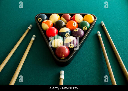 Symmetrische Ansicht von Billardkugeln in einem Dreieck mit cue Sticks am grünen Tisch angeordnet Stockfoto