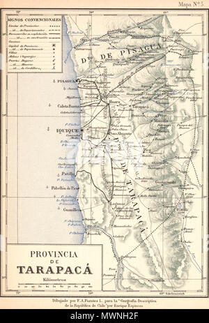 . Mapa de la antigua Provincia de Tarapacá, tatsächliche antecesora de la Provincia de Iquique, ich Región de Tarapacá (Chile), hacia 1895. 1903. F.A. Fuentes 504 Provincia de Tarapaca-1895 Stockfoto