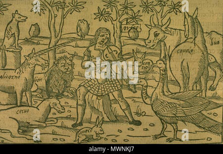 . Englisch: Orpheus Charme die wilden Tiere. Kupferstich von Regius für Ovids Metamorphosen Buch X, 143 - 144. Français: Orphée charmant Les animaux. Tiefdruck de Regius pour les métamorphoses d'Ovid, livre X, 143 - 144. . Regius 514 Regius - Orpheus Tiere Stockfoto