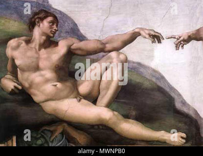 . Englisch: Die Erschaffung des Adam Español: Creación de Adan. ca. 1511. Michelangelo Buonarroti Simoni594 die Schöpfung von Adam-1 Stockfoto