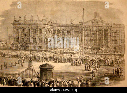 . Deutsch: "Das Lesen der Königin Verkündigung [direkte britische Herrschaft] in Kalkutta,' aus der Illustrated London News, 1859 Quelle: ebay, Sept. 2004. 1859. Illustrated London News 514 Lesung der Königin Verkündigung der direkte britische Herrschaft in Kalkutta Stockfoto