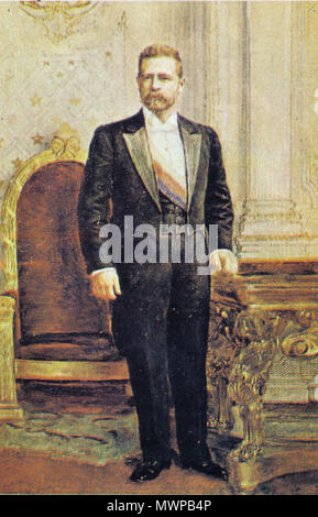 . Español: Pintura de Germán Riesco Errázuriz (Rancagua, 28 de Mayo de 1854 - Santiago, DE 8 DE November 1916). Presidente de Chile. Sobrinos del Presidente Federico Errázuriz Zañartu y Primo (además de cuñado) del Presidente Federico Errázuriz Echaurren. Inicios Siglo XX. Retrato del Pintor Cosme San Martin Lagunas (1850-1906). Colección del Museo Histórico Nacional. 522 Pdte-Riesco Stockfoto