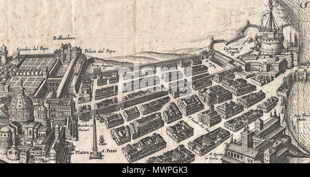 . English: Matthäus Merian, Plan der Stadt Rom 1652, Ausschnitt: Mauern und Bebauung zwischen St. Peter und der Engelsburg; an der Spitze des Obelisken der Fluchtgang Passetto, nördlich in der Parallelmauer sterben Porta Angelica. 1652. Matthäus Merian 528 Rom - Mauern zwischen St. Peter und Castel Sant' Angelo (Merian 1652) Stockfoto