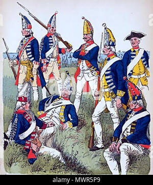 . Englisch: Preußische Grenadiere und Musketiere im Jahre 1762. Stehend von links nach rechts: 1. Grün. Officer/Bn. Weiss, 2. Grenadier/Bn. Weiss 3. Grenadier/Zöge v. Manteuffel 4. Grenadier/Rgt. Prinz Wilhelm 5. Musketier/Rgt. Prinz Wilhelm. Sitzend von Links nach Rechts: 1. Grenadier/Rgt. Essen 2. Grenadier/Rgt. Kettenburg 3. (Unten rechts) Grenadier/Rgt. Prinz August. 19. Anonyme Platte 533 Russische Grenadiere und Musketiere 1762 Stockfoto