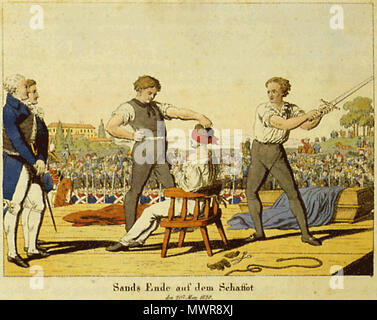 . English: Hinrichtung von Karl Ludwig Sand bin 20 sterben. Mai 1820. Kolorierter Kupferstich, vermutlich von J. M. Volz, gedruckt in Nürnberg bei A. S. Eisen um 1820. . Vermutlich von J. M. Volz 542 Sands Hinrichtung Stockfoto