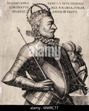 . SIGISMUNDUS TERTIUS EIUS NOMINIS CORONATUS REX POLONIA, SVECIAE REGISTO ANNIS III FILIUS. English: Sigismund III. Wasa (1566-1632) König von Polen und Großfürst von Litauen. Englisch: Sigismund III Vasa (1566-1632) König von Polen und Großfürst von Litauen. Polski: Zygmunt III Waza (1566-1632), król Polski i Wielki książę litewski. . 1590 s. Unbekannt 558 Sigismund III Vasa von Polen Stockfoto