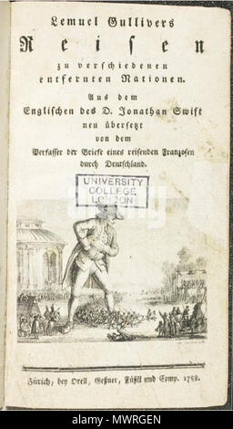 . English: Lemuel Gullivers Reisen zu verschiedenen entfernten Nationen. Aus dem Englischen von D. Jonathan Swift neu übersetzt von dem Verfasser der Briefe eines reisenden Franzosen durch Deutschland (Johann Kaspar Riesbeck). Zürich 1788. 10. Februar 2016. Unbekannt 583 Swift Gulliver 1788 Stockfoto