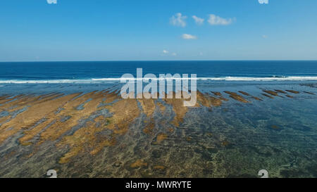 Luftbild: Meer mit Wellen.. Fliegen über den blauen Ozean im azurblauen Lagune. Bali, Indonesien. Travel Concept. Stockfoto