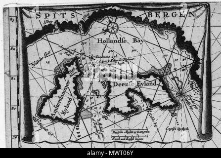 . Englisch: Amsterdam Insel und Danskøya in der Nähe von Spitzbergen als Detail (Einfügen) aus dem 17. Jahrhundert niederländische Karte des Nordostatlantik und Barentssee gezeigt. Die lange Niederländische Name der Karte übersetzt mehr oder weniger wie: 'Map Russlands, Lappland, Finnmark, Spitzbergen und Nova Zembla für Nachrichten überprüft und verbessert, mit dem Fluss der Erzengel, Jan Mayen Insel und ein Teil von Spitzbergen, die sehr genau in separaten Tabellen (Einsätze) in ihren Details in großem Maßstab dargestellt werden.' Nederlands: Amsterdam Eiland (Amsterdammer Eyland) de Deense Eyland (Nu: Danskøya) bij Spitzbergen, zoals Opgenomen als de Stockfoto