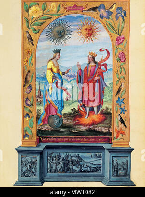 570 Splendor Solis - "Traité d'Alchimie - Rencontre du Roi Soleil et de la Reine Lune Stockfoto