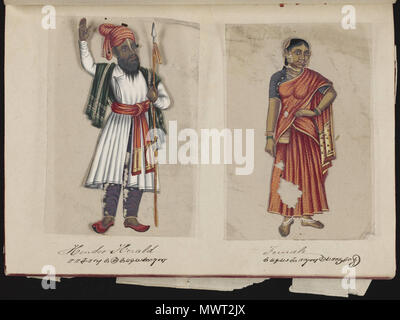 . Eine Seite aus dem Manuskript 70 - zwei Exemplare der Kasten in Indien, die besteht aus 72 full-color handgemalte Bilder von Männern und Frauen der verschiedenen Kasten und Religionen und ethnischen Gruppen in Madura, Indien zu dieser Zeit gefunden. Jede Zeichnung war auf Glimmer, ein transparentes, flockig Mineral, das teilt sich in dünnen, transparenten Platten. Wie auf der Seite Präsentation angegeben, das Album wurde von der Indischen schreiben Master an einer englischen Schule eingerichtet, die von den amerikanischen Missionaren in Madura zusammengestellt, und der Reverend William Twining. Das Manuskript zeigt indianische Kleidung und Schmuck Schmuck in der Stockfoto