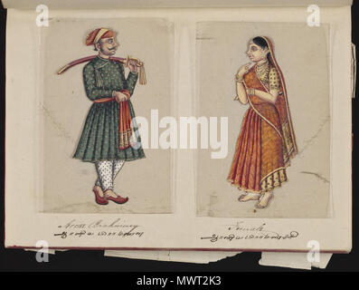 . Eine Seite aus dem Manuskript 70 - zwei Exemplare der Kasten in Indien, die besteht aus 72 full-color handgemalte Bilder von Männern und Frauen der verschiedenen Kasten und Religionen und ethnischen Gruppen in Madura, Indien zu dieser Zeit gefunden. Jede Zeichnung war auf Glimmer, ein transparentes, flockig Mineral, das teilt sich in dünnen, transparenten Platten. Wie auf der Seite Präsentation angegeben, das Album wurde von der Indischen schreiben Master an einer englischen Schule eingerichtet, die von den amerikanischen Missionaren in Madura zusammengestellt, und der Reverend William Twining. Das Manuskript zeigt indianische Kleidung und Schmuck Schmuck in der Stockfoto