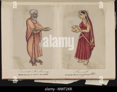 . Eine Seite aus dem Manuskript 70 - zwei Exemplare der Kasten in Indien, die besteht aus 72 full-color handgemalte Bilder von Männern und Frauen der verschiedenen Kasten und Religionen und ethnischen Gruppen in Madura, Indien zu dieser Zeit gefunden. Jede Zeichnung war auf Glimmer, ein transparentes, flockig Mineral, das teilt sich in dünnen, transparenten Platten. Wie auf der Seite Präsentation angegeben, das Album wurde von der Indischen schreiben Master an einer englischen Schule eingerichtet, die von den amerikanischen Missionaren in Madura zusammengestellt, und der Reverend William Twining. Das Manuskript zeigt indianische Kleidung und Schmuck Schmuck in der Stockfoto