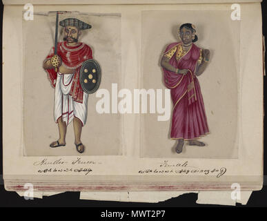 . Eine Seite aus dem Manuskript 70 - zwei Exemplare der Kasten in Indien, die besteht aus 72 full-color handgemalte Bilder von Männern und Frauen der verschiedenen Kasten und Religionen und ethnischen Gruppen in Madura, Indien zu dieser Zeit gefunden. Jede Zeichnung war auf Glimmer, ein transparentes, flockig Mineral, das teilt sich in dünnen, transparenten Platten. Wie auf der Seite Präsentation angegeben, das Album wurde von der Indischen schreiben Master an einer englischen Schule eingerichtet, die von den amerikanischen Missionaren in Madura zusammengestellt, und der Reverend William Twining. Das Manuskript zeigt indianische Kleidung und Schmuck Schmuck in der Stockfoto