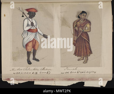 . Eine Seite aus dem Manuskript 70 - zwei Exemplare der Kasten in Indien, die besteht aus 72 full-color handgemalte Bilder von Männern und Frauen der verschiedenen Kasten und Religionen und ethnischen Gruppen in Madura, Indien zu dieser Zeit gefunden. Jede Zeichnung war auf Glimmer, ein transparentes, flockig Mineral, das teilt sich in dünnen, transparenten Platten. Wie auf der Seite Präsentation angegeben, das Album wurde von der Indischen schreiben Master an einer englischen Schule eingerichtet, die von den amerikanischen Missionaren in Madura zusammengestellt, und der Reverend William Twining. Das Manuskript zeigt indianische Kleidung und Schmuck Schmuck in der Stockfoto