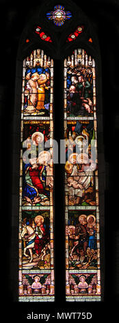 . Englisch: St John's Kirche Angliican, Darlinghurst Sydney, die Geburt Christi von Clayton und Bell, England, auf Deutschen Gravur. Datum: 1875-80? Dieses Bild ist ein Verbund von drei Bildern, die ersten melden Sie sich über die Krippe und das zweite, das unter die Köpfe der Heiligen Drei Könige (die untersten Abschnitt ist von schlechter Qualität). Die äußeren Grenzen haben sich verdunkelt worden. . Unbekannt 577 StJohns Krippe C &Amp; B Stockfoto