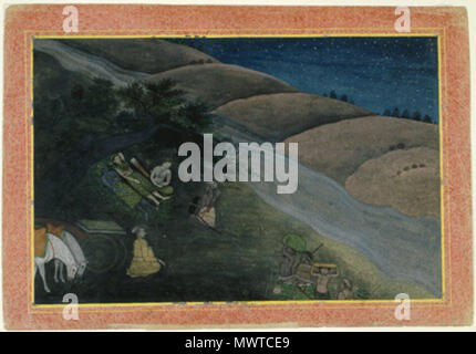 . Die erste Nacht im Exil Seite aus eine illustrierte Handschrift des Ramayana, Serie. Dieses Bild stammt aus einer Serie gefeiert, einer der Großen des Hinduismus Epen Ramayana. Es erzählt die Geschichte des Prinzen Rama, der zu Unrecht von das Königreich seines Vaters verbannt ist, nur von seiner Frau und seinem Bruder begleitet. Die Episode hier dargestellt ist die erste Nacht der Gruppe ausserhalb des Reiches. Die drei Royals, palastartigen Umgebung verwendet, schlafen auf dem Boden in Outfits Aus blättern. Rama's Bruder (mit weißer Haut) Gespräche mit dem Leiter des Waldes - Wohnung Stamm, dessen Männer provis bringen Stockfoto