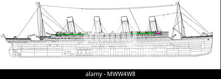 . Seite Plan der RMS Titanic mit der Position der Rettungsboote. 12 März 2012, 12:35 (UTC). Titanic Seite plan 1911.png: Anonyme abgeleitete Arbeit: Prioryman (Talk) 608 Titanic Seite plan mit Rettungsbooten Stockfoto