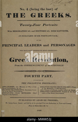 . Englisch: Adam de Friedel. Die Griechen, 24 Porträts der wichtigsten Führer und Persönlichkeiten, die sich vorgenommen haben, am auffälligsten in der Griechischen Revolution, vom Beginn des Kampfes, London, Adam de Friedel, 1830. 1830. Adam Friedel (1786 -) Beschreibung dänischen Maler und Verleger Geburtsdatum / Tod 1786 19. Jahrhundert Arbeit Lage London (1833 - 1845) Kontrolle: Q 349403 VIAF: 23331963 GND: 133524914 609 Titelblatt der ersten Ausgabe der vierte Teil der Arbeit - Friedel Adam De - 1832 Stockfoto