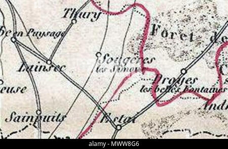 . Englisch: Dies ist eine faszinierende 1852 Karte des französischen Departements L'Yonne, Frankreich. L'Yonne ist von Frankreichs Premier Weinregion Burgund und produziert einige der weltweit besten Rotweine. Yonne ist auch einer von nur zwei Abteilungen, Chaource Käse produzieren. Chaource ist ein Käse aus Kuhmilch, zylindrische Form. Die zentrale pâte ist weich, cremig in Farbe, und leicht krümelig, und wird durch eine weiße, Penicillium candidum Rinde umgeben. Die ganze Karte ist durch aufwändige dekorative Stiche, die sowohl die natürliche Schönheit und den Reichtum des Landes zu veranschaulichen umgeben. Es ist eine kurze textuelle Stockfoto