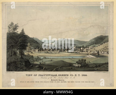 . Englisch: eine Zeichnung und Lithographie von Prattsville aus dem Jahre 1844. Der Text unterhalb der Zeichnung liest: Blick auf PRATTSVILLE, Greene Co N.Y., 1844. Präsidentschaft der Hon. Zadock Pratt. A. M. Prattsville Gerberei, erbaut im Jahre 1825, DA DIE EINE MILLION SEITEN DER ALLEINIGEN Leder gegerbt wurde mit der HEMLOCK Rinde. 1844. C. Parsons 501 Prattsville New York 1844 Zeichnung uncropped Stockfoto