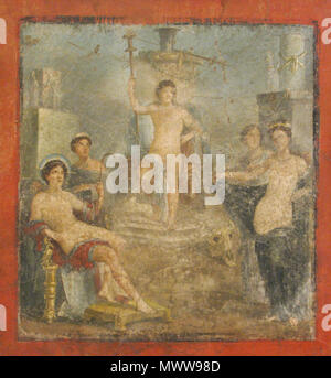 . Italiano: Stibadio Dionisiaco, Museo Archeologico Nazionale di Napoli, (Inv. nr. 9449). Da Pompeji, Casa di Gavius Rufus. La Scena Mostra una Gara fra durch divinità Della Luce, Venere ed Hesperos, giudicati da Apollo seduto a sinistra in trono: Le due divinità si spogliano davanti Al giudice per essere valutate. 19. Juli 2009. 576 Olivierw Stibadio Dionisiaco Stockfoto