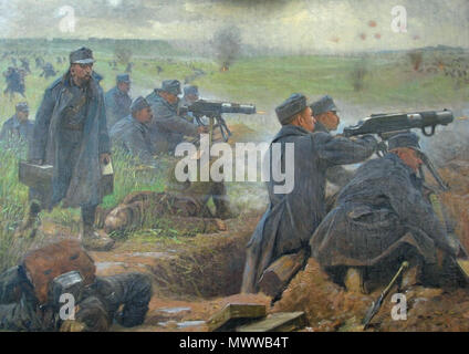 . Deutsch: Abwehrkampf einer MG-Abteilung. Maschinengewehrabteilung II des Infanterieregiments Nr. 4 "Hoch- Und Deutschmeister" auf der Höhe Gora Sokal am Bug, 20. Juli 1915. 1915. Karl Friedrich Gsur (* 3.7.1871, † 25.8.1939) 256 Gsur Abwehrkampf einer MG-Abteilung Stockfoto