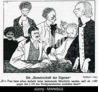 . Englisch: Politische Karikatur von Willibald Krain (1886-1945) von der Zeitschrift Jugend (München), 8. Oktober 1907, Nr. 42, S. 953: "Die 'Gemeinschaft der Besonderen ''/' eine Frau kann nie eine bedeutende Künstler geworden, einfach weil sie nicht durchbrechen kann. Absatz 175 des Strafgesetzbuches!" English: 1900 von Willibald Krain (1886-1945) aus der Zeitschrift Jugend (München), 8. Oktober 1907, Nr. 42, S. 953: 'Die "Gemeinschaft der Eigenen" / "Eine Frau kann schon deshalb keine bedeutende Künstlerin werden, weil sie nicht gegen den § 175 des Strafgesetzbuches verstoßen kann!' Italiano: Vignetta di Williba Stockfoto